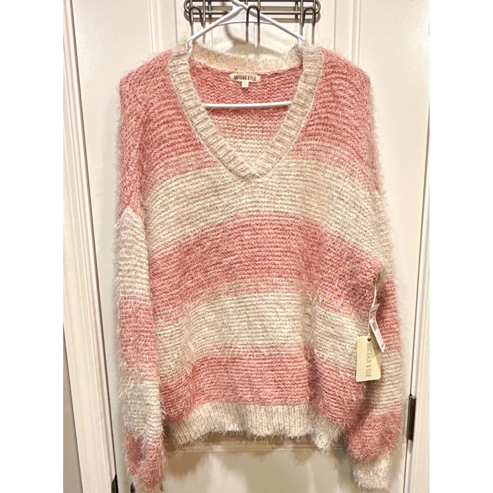Margeaux & Ellie Women's L Knit Polyester Fuzzy Striped V-Neck  Sweater NWT